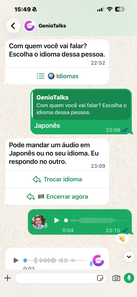 Conversa no WhatsApp com tradução simultânea: o aluno escolhe japonês e troca áudios com o GenioTalks